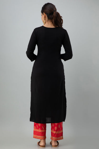 Embroidered Straight Calf Length 3/4 Sleeves Round Neck Rayon Kurta Dupatta Bottom Set (Preorder)