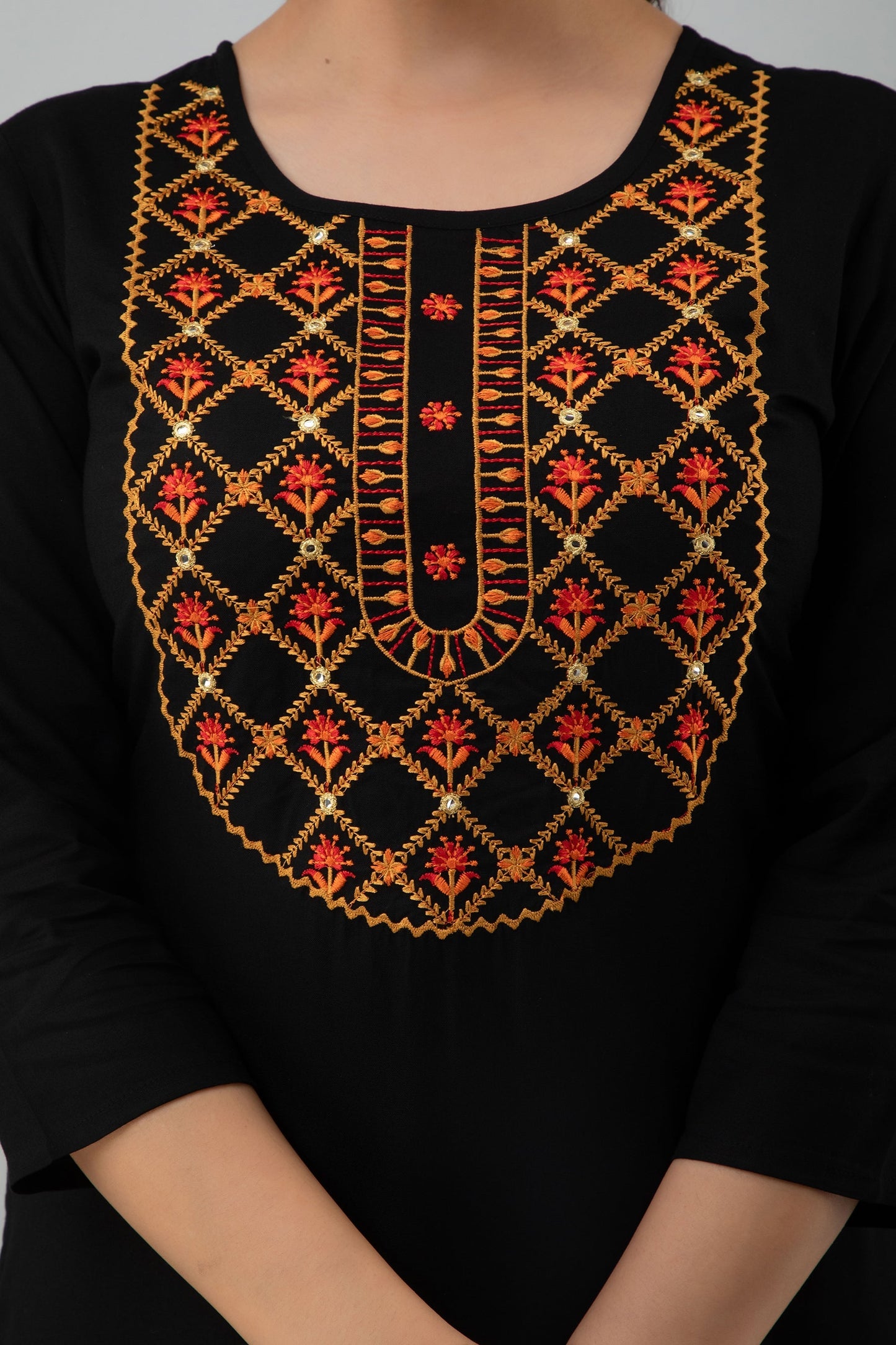 Embroidered Straight Calf Length 3/4 Sleeves Round Neck Rayon Kurta Dupatta Bottom Set (Preorder)