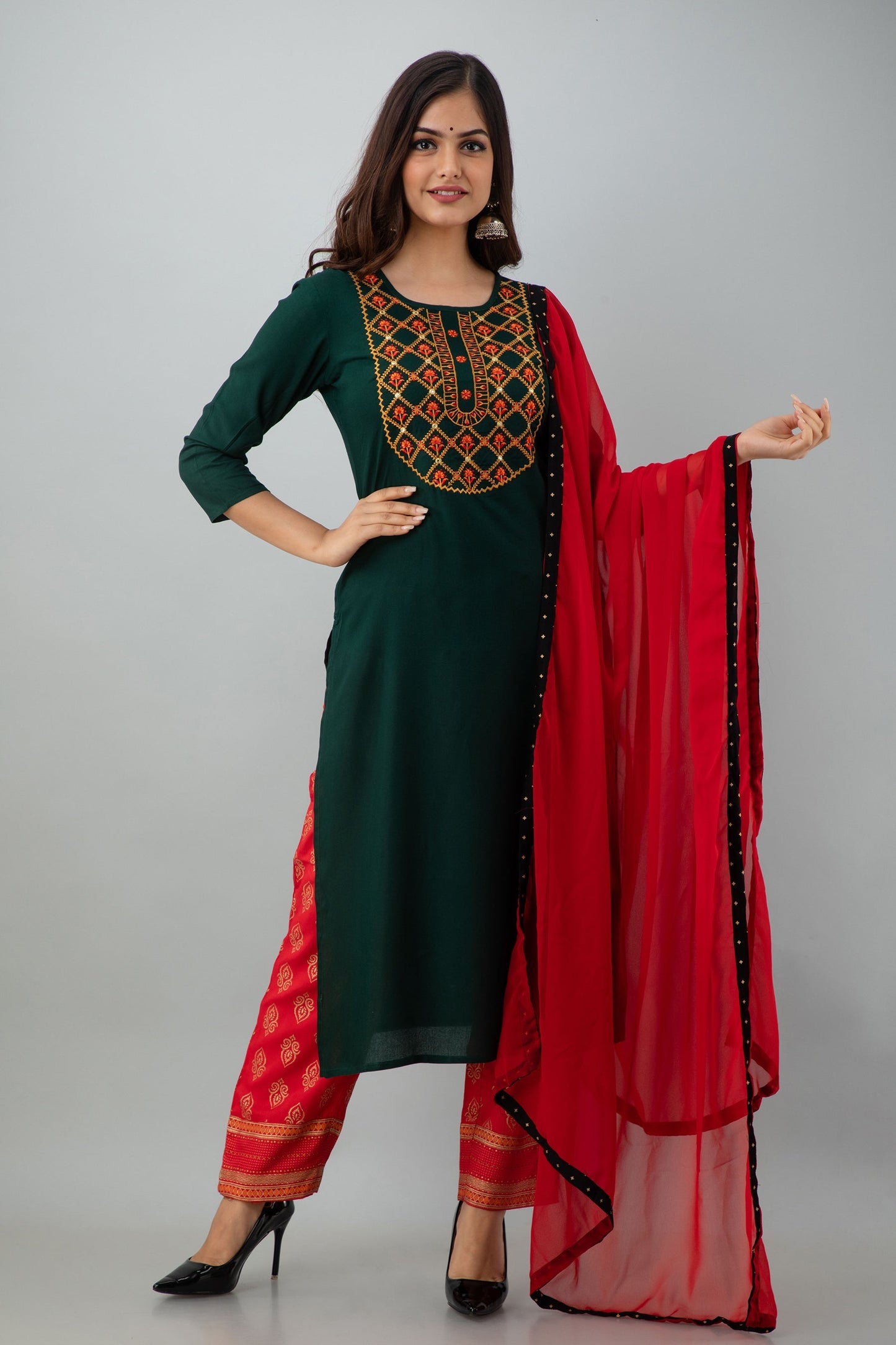 Embroidered Straight Calf Length 3/4 Sleeves Round Neck Rayon Kurta Dupatta Bottom Set (Preorder)