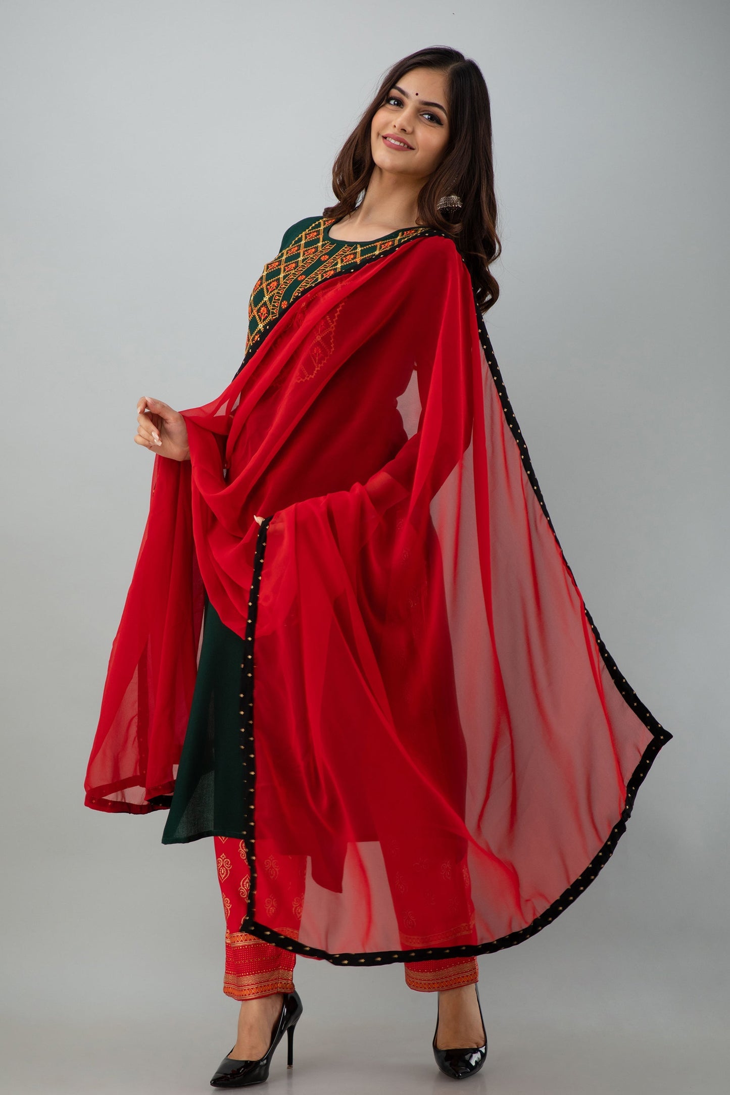 Embroidered Straight Calf Length 3/4 Sleeves Round Neck Rayon Kurta Dupatta Bottom Set (Preorder)