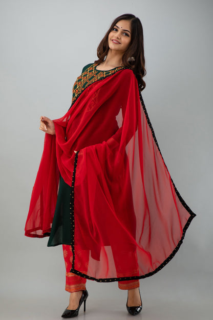 Embroidered Straight Calf Length 3/4 Sleeves Round Neck Rayon Kurta Dupatta Bottom Set (Preorder)