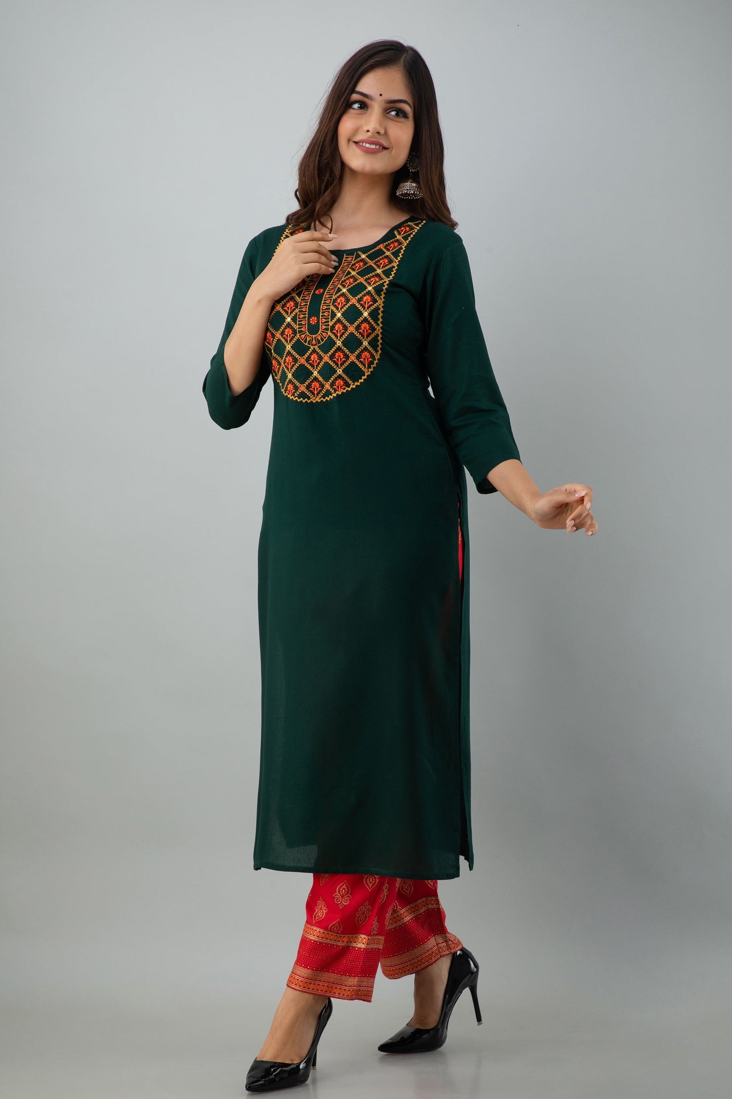 Embroidered Straight Calf Length 3/4 Sleeves Round Neck Rayon Kurta Dupatta Bottom Set (Preorder)