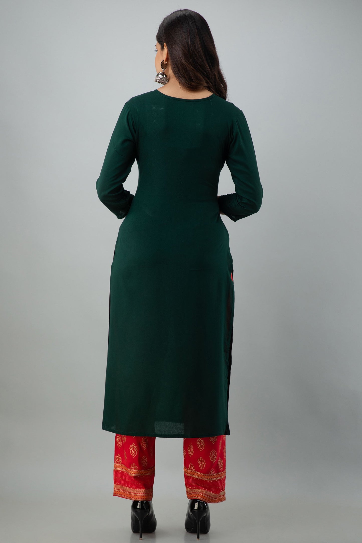 Embroidered Straight Calf Length 3/4 Sleeves Round Neck Rayon Kurta Dupatta Bottom Set (Preorder)