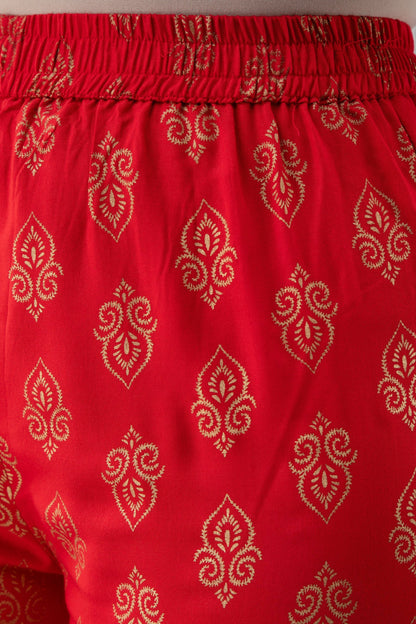 Embroidered Straight Calf Length 3/4 Sleeves Round Neck Rayon Kurta Dupatta Bottom Set (Preorder)