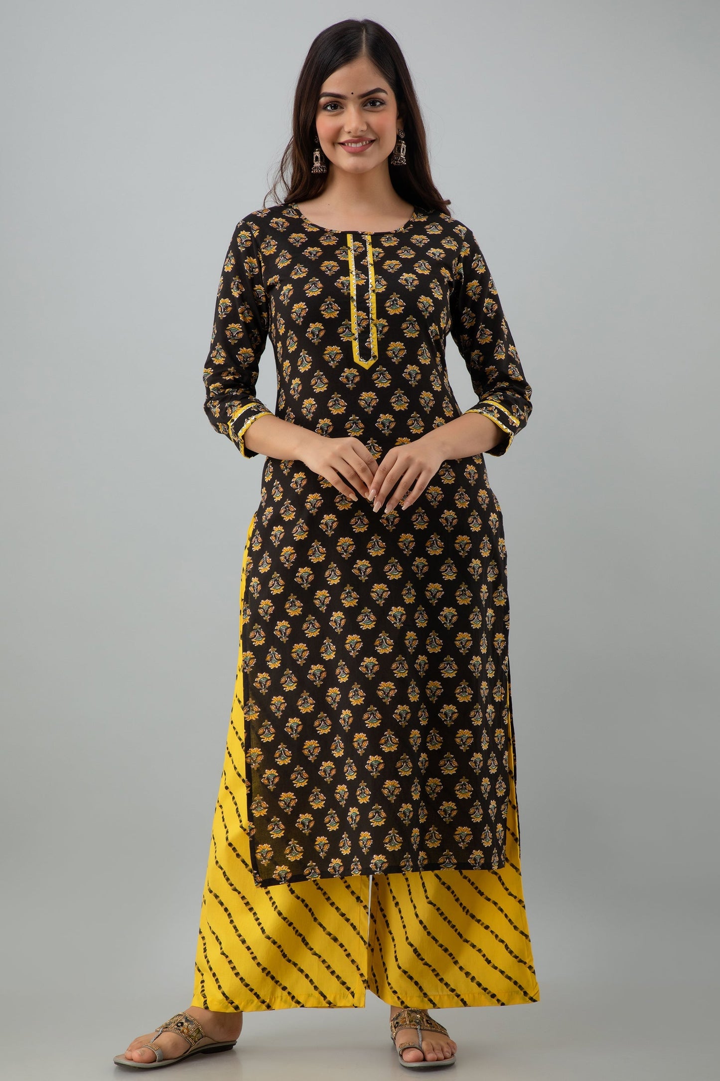 Printed Straight Calf Length 3/4 Sleeves Round Neck Cotton Kurta Dupatta Bottom Set (Preorder)