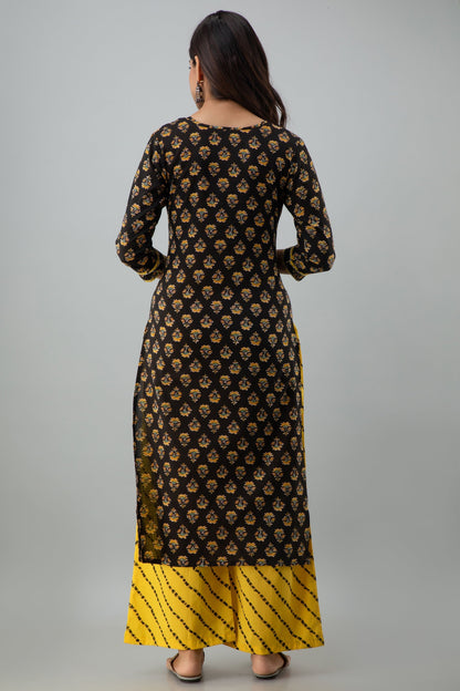 Printed Straight Calf Length 3/4 Sleeves Round Neck Cotton Kurta Dupatta Bottom Set (Preorder)