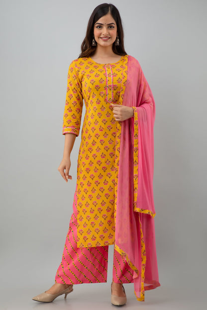 Printed Straight Calf Length 3/4 Sleeves Round Neck Cotton Kurta Dupatta Bottom Set (Preorder)