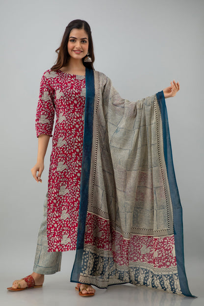 Printed Straight Calf Length 3/4 Sleeves Round Neck Cotton Kurta Dupatta Bottom Set (Preorder)
