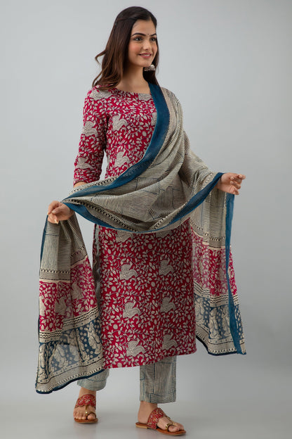 Printed Straight Calf Length 3/4 Sleeves Round Neck Cotton Kurta Dupatta Bottom Set (Preorder)