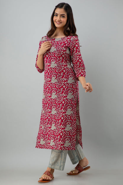 Printed Straight Calf Length 3/4 Sleeves Round Neck Cotton Kurta Dupatta Bottom Set (Preorder)