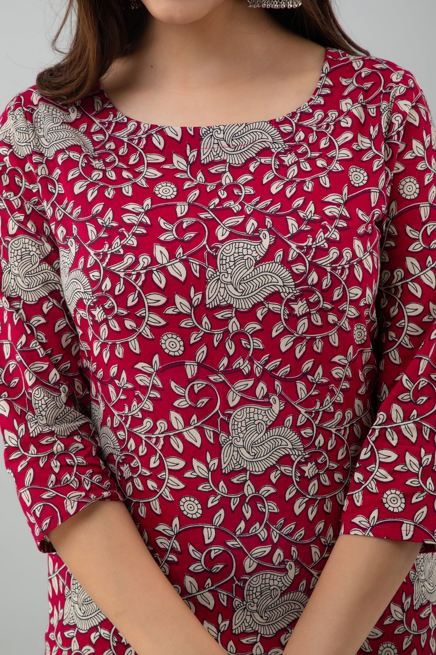 Printed Straight Calf Length 3/4 Sleeves Round Neck Cotton Kurta Dupatta Bottom Set (Preorder)