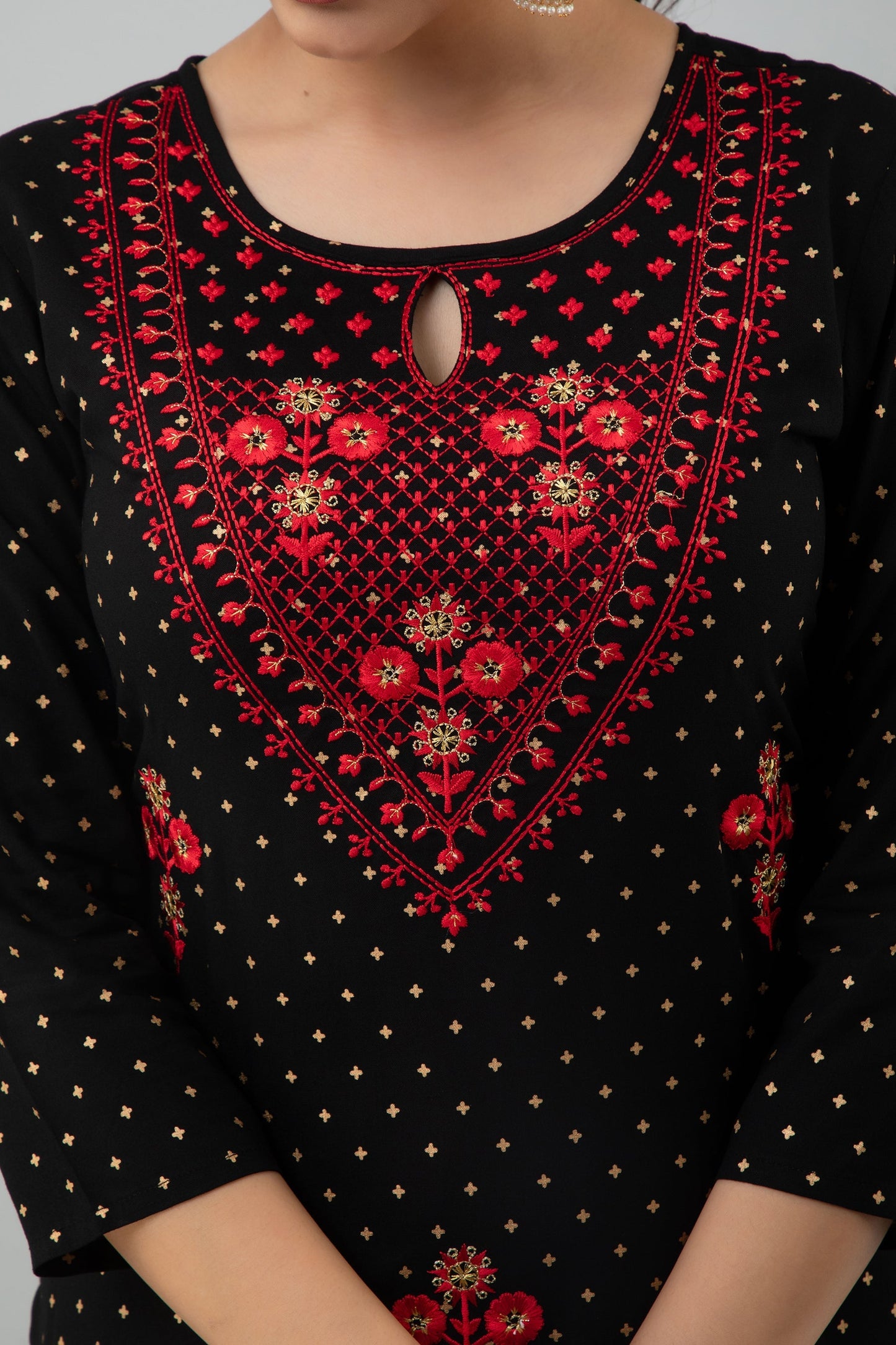 Embroidered Straight Calf Length 3/4 Sleeves Keyhole Neck Rayon Kurta Dupatta Bottom Set (Preorder)