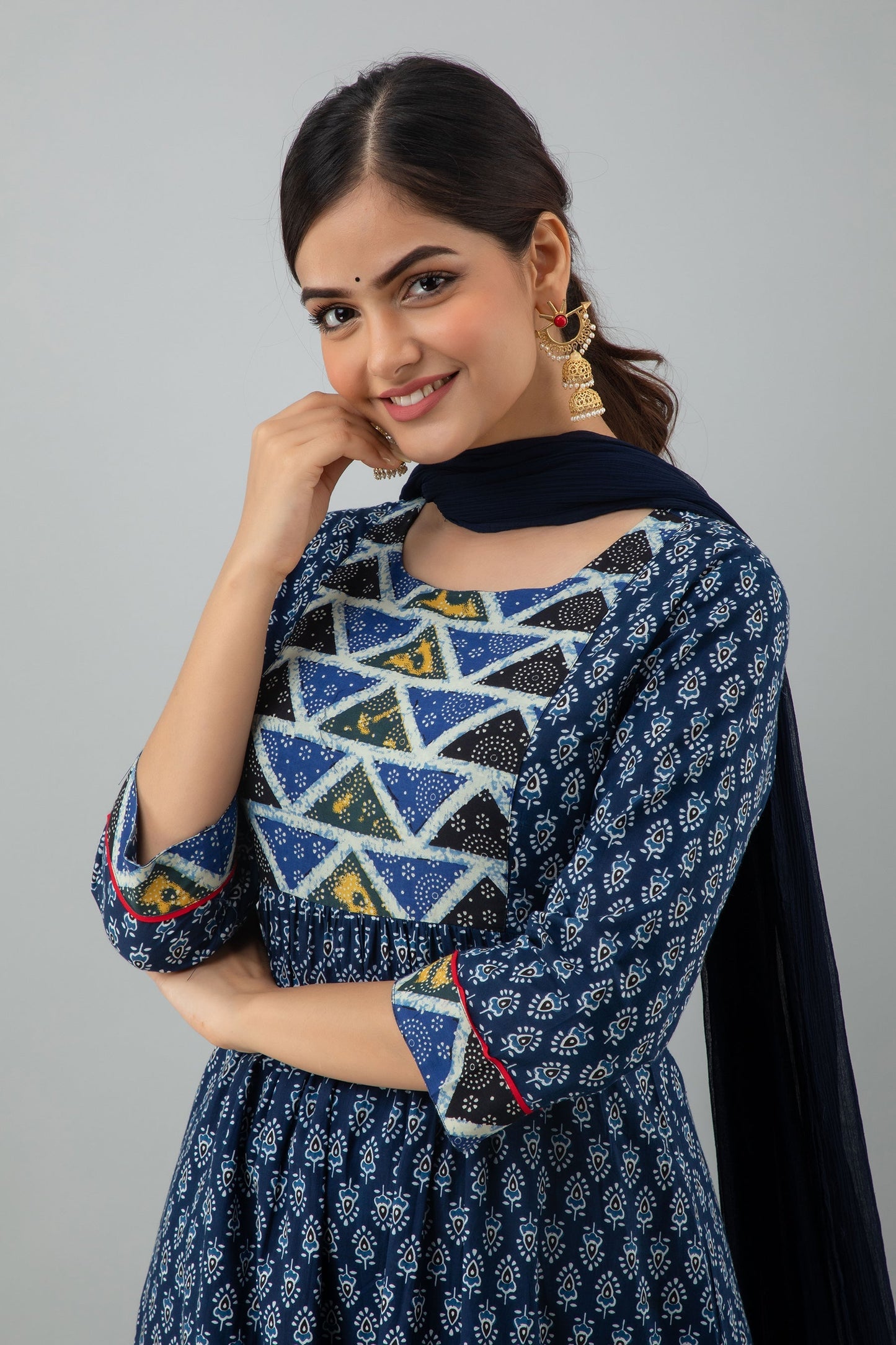 Printed A-line Calf Length 3/4 Sleeves Round Neck Cotton Kurta Dupatta Bottom Set (Preorder)