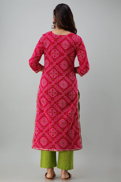 Printed Straight Calf Length 3/4 Sleeves Round Neck Cotton Kurta Dupatta Bottom Set (Preorder)