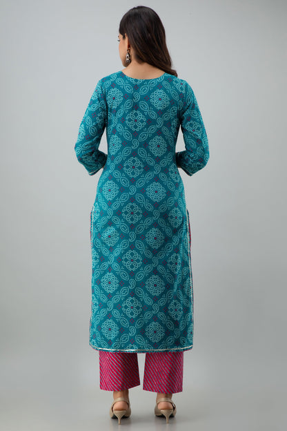 Printed Straight Calf Length 3/4 Sleeves Round Neck Cotton Kurta Bottom Set (Preorder)