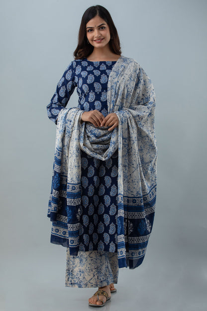 Printed Straight Calf Lenth 3/4 Sleeves Round Neck Cotton Kurta Set (Preorder)