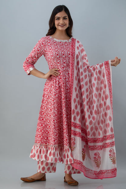 Printed Flared Calf Lenth 3/4 Sleeves Round Neck Cotton Kurta Set (Preorder)