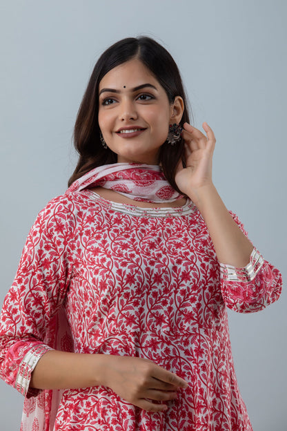 Printed Flared Calf Lenth 3/4 Sleeves Round Neck Cotton Kurta Set (Preorder)