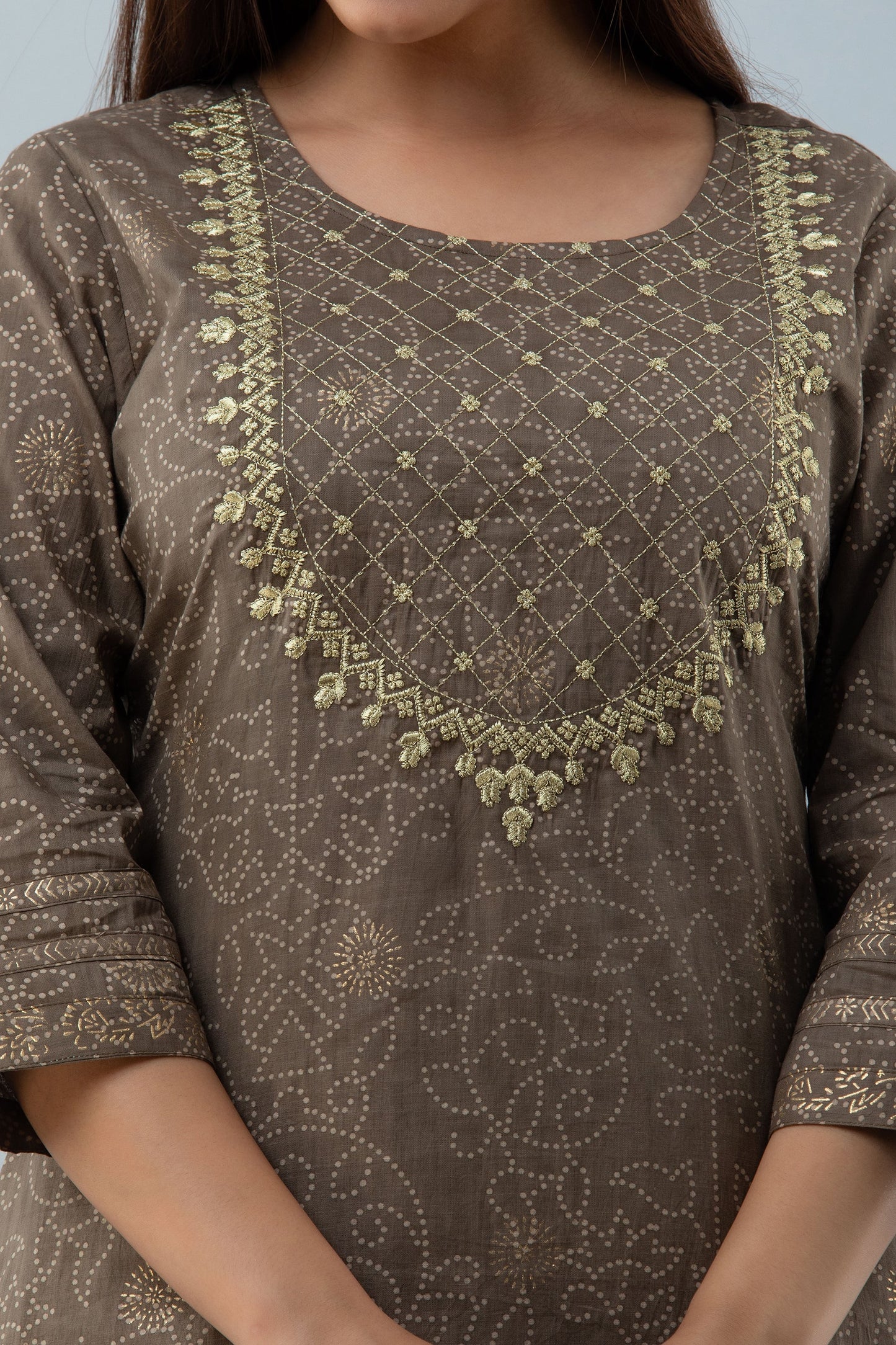 Cotton Calf Length Printed Embroidered Straight 3/4 Sleeves Round Neck Kurta Set (Preorder)