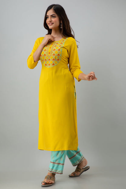 Rayon Calf Length Embroidered  Straight 3/4 Sleeves Round Neck Kurta Set (Preorder)