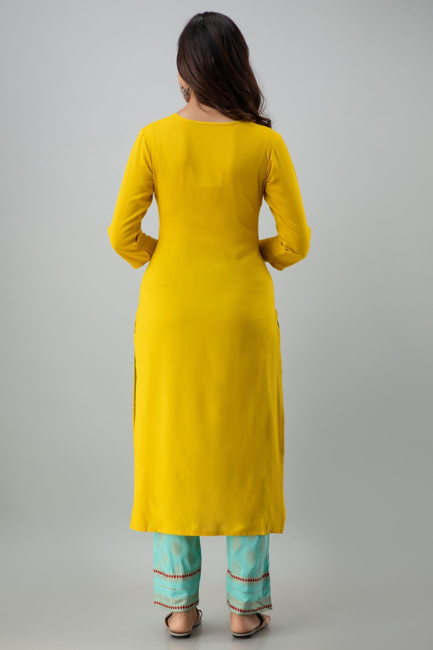 Rayon Calf Length Embroidered  Straight 3/4 Sleeves Round Neck Kurta Set (Preorder)