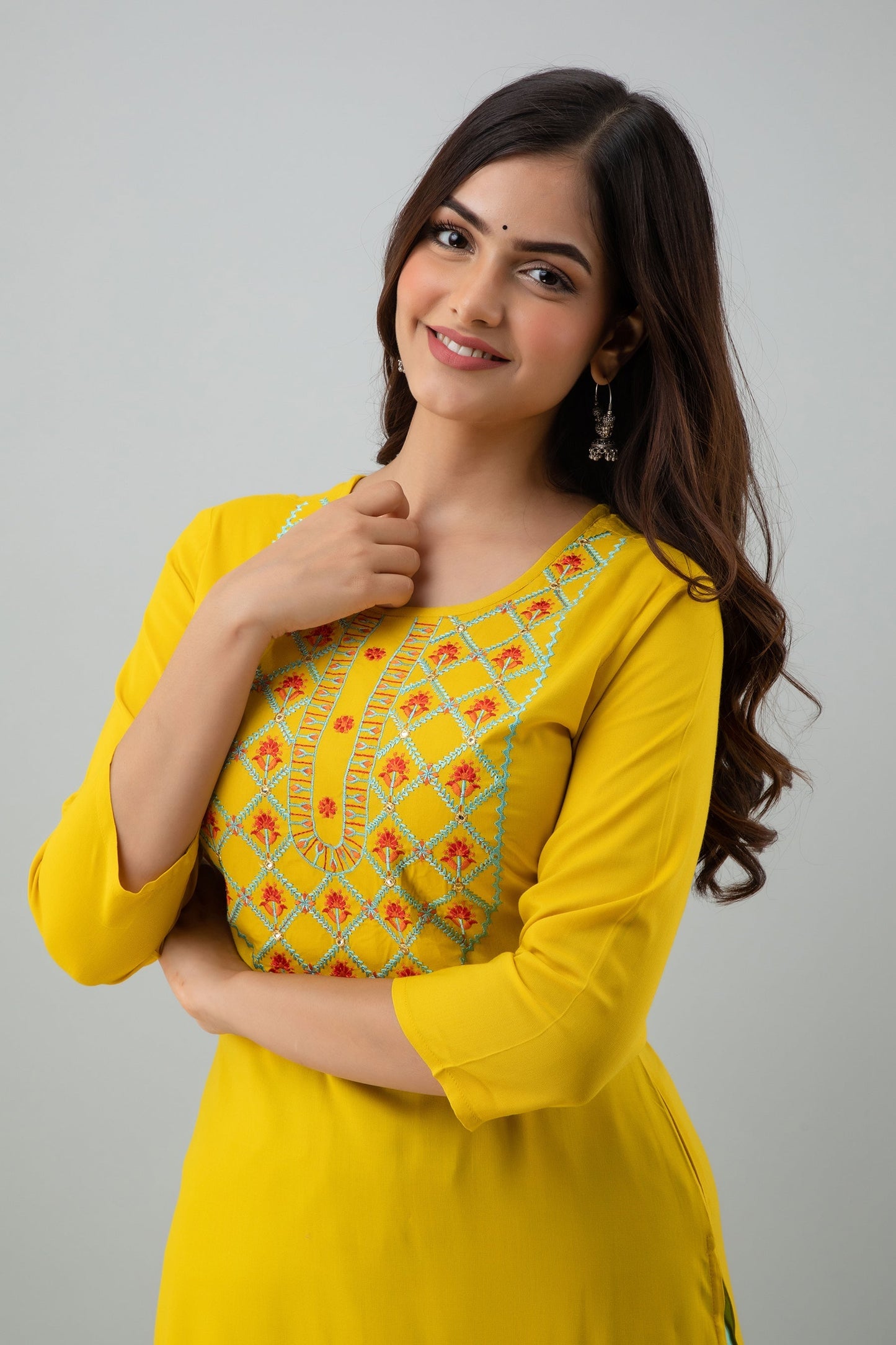 Rayon Calf Length Embroidered  Straight 3/4 Sleeves Round Neck Kurta Set (Preorder)