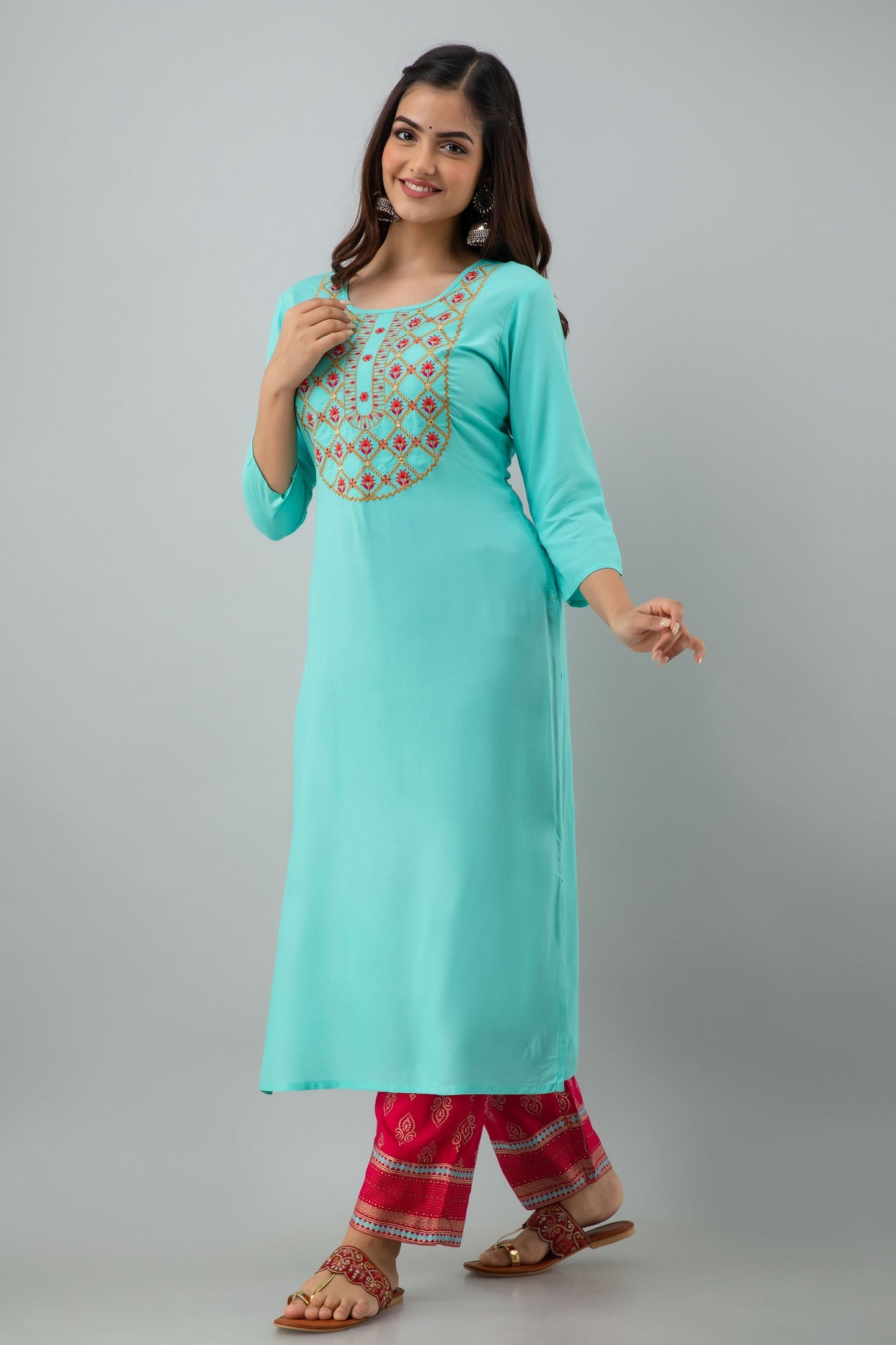 Rayon Calf Length Embroidered  Straight 3/4 Sleeves Round Neck Kurta Set (Preorder)