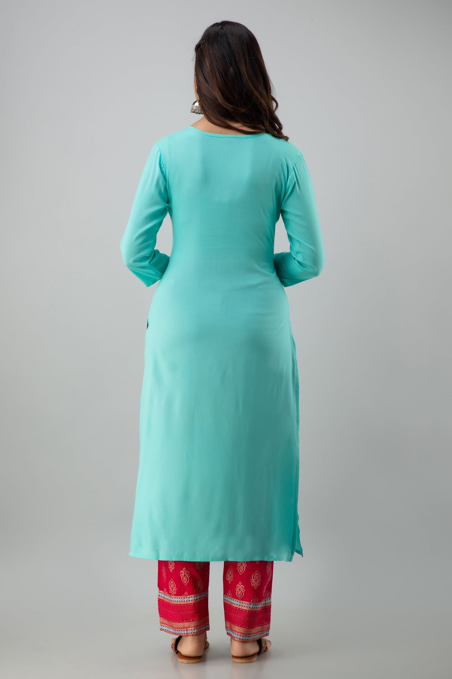 Rayon Calf Length Embroidered  Straight 3/4 Sleeves Round Neck Kurta Set (Preorder)