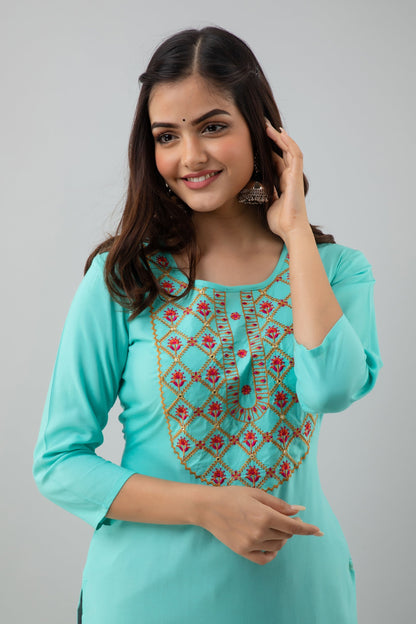 Rayon Calf Length Embroidered  Straight 3/4 Sleeves Round Neck Kurta Set (Preorder)