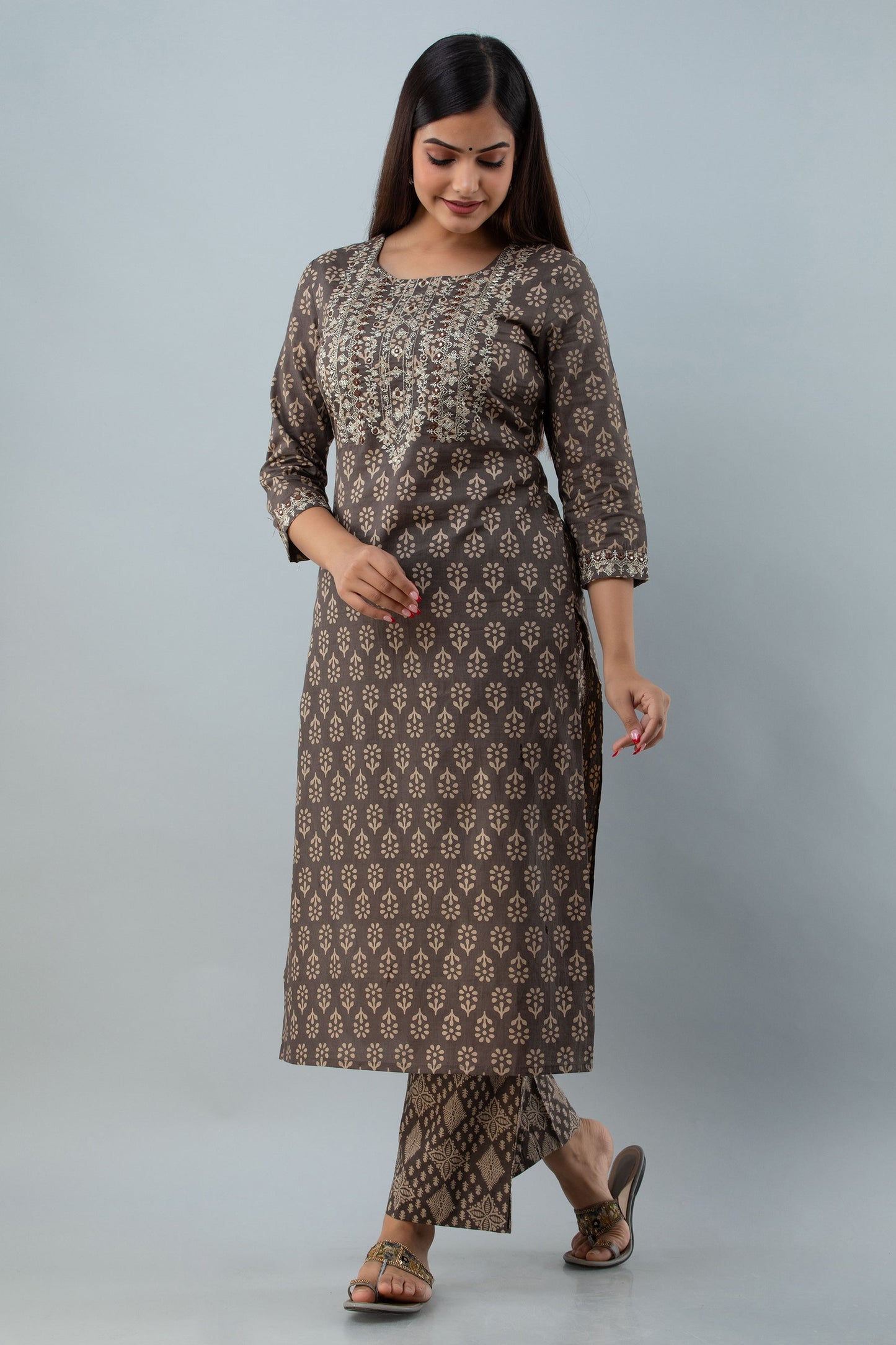 Cotton Calf Length Printed Embroidered Straight 3/4 Sleeves Round Neck Kurta Set (Preorder)