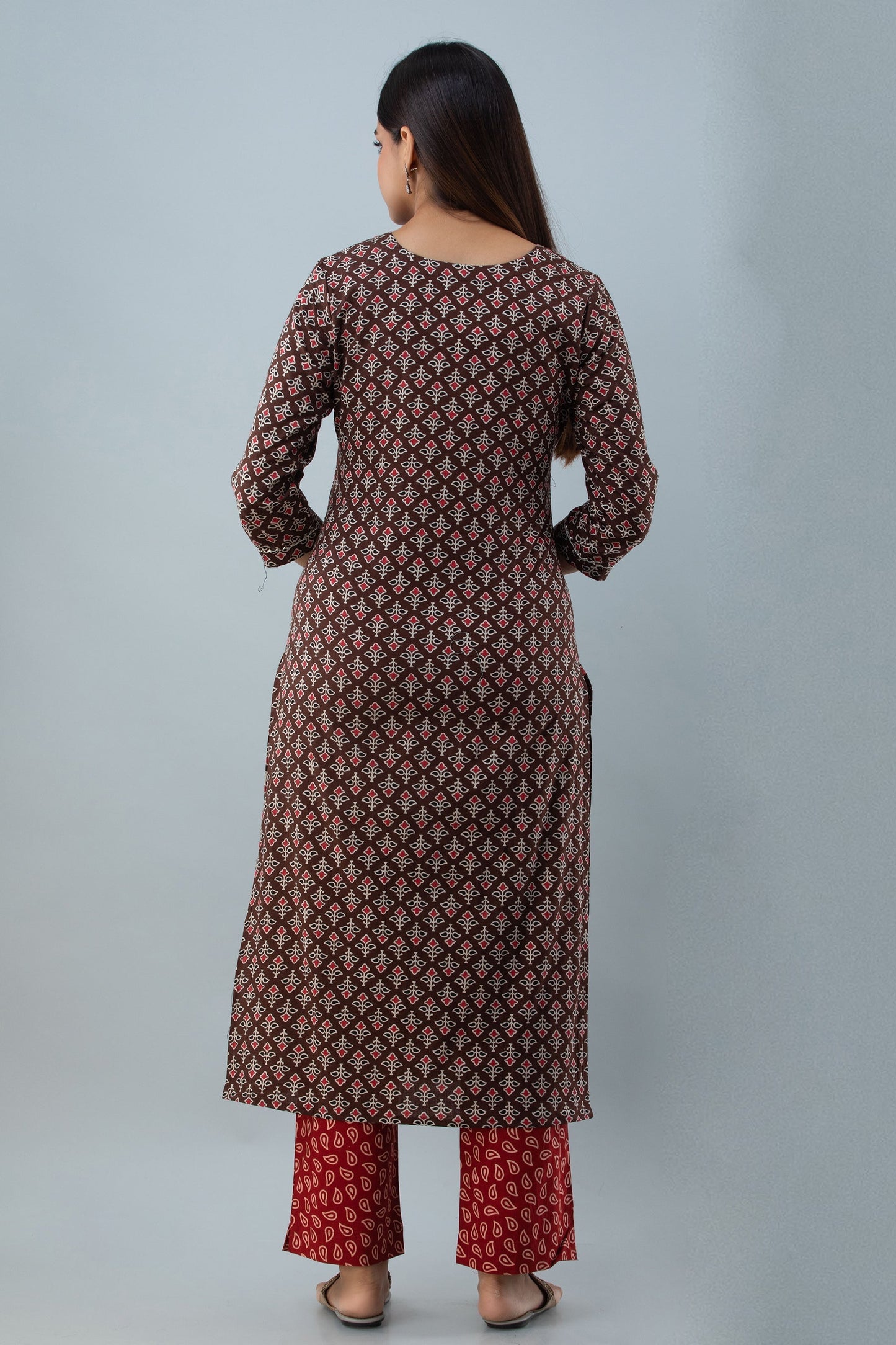 Cotton Calf Length Printed  Straight 3/4 Sleeves Round Neck Kurta Set (Preorder)
