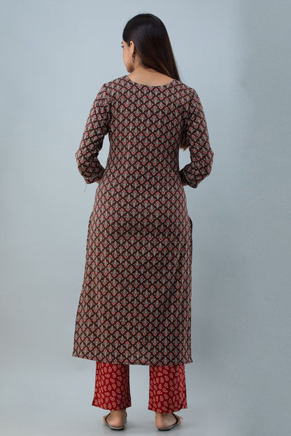 Cotton Calf Length Printed  Straight 3/4 Sleeves Round Neck Kurta Set (Preorder)