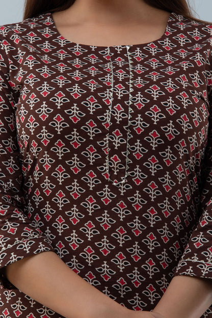 Cotton Calf Length Printed  Straight 3/4 Sleeves Round Neck Kurta Set (Preorder)