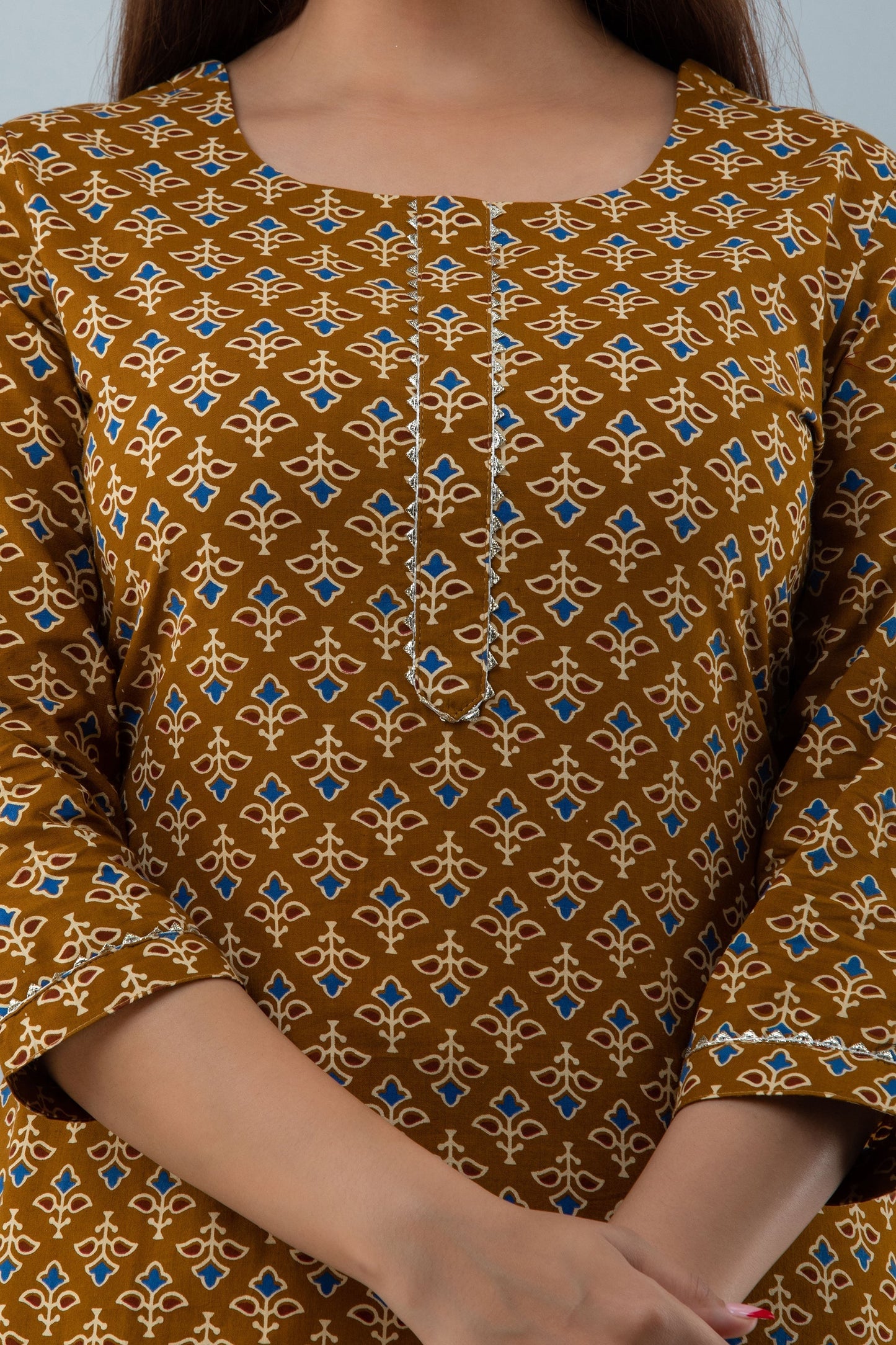 Cotton Calf Length Printed  Straight 3/4 Sleeves Round Neck Kurta Set (Preorder)