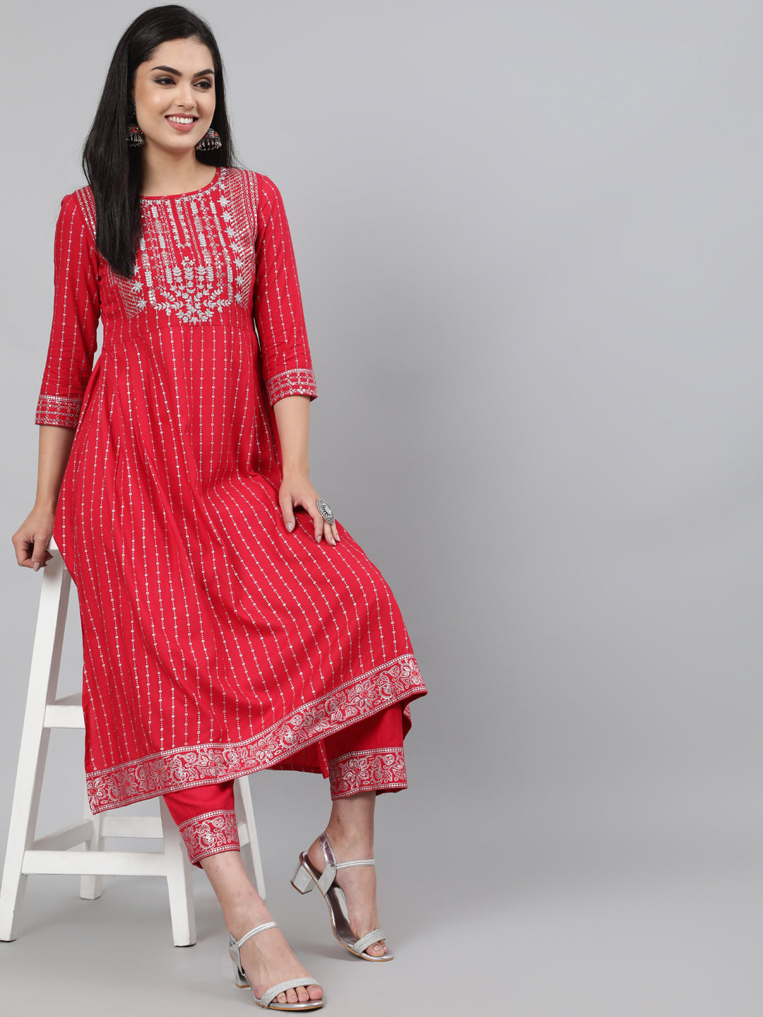 Rayon Sequence 3/4 Sleeve A-Line Round Neck Calf Length Kurta Set (Preorder)