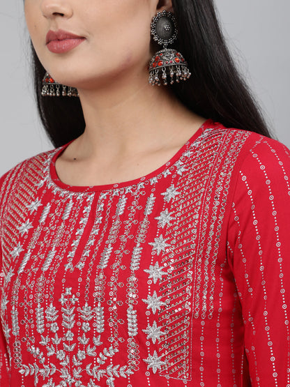 Rayon Sequence 3/4 Sleeve A-Line Round Neck Calf Length Kurta Set (Preorder)
