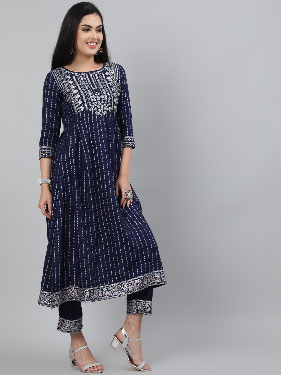 Rayon Sequence 3/4 Sleeve A-Line Round Neck Calf Length Kurta Set (Preorder)