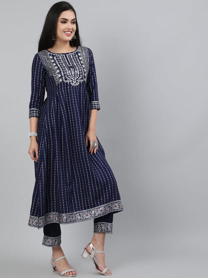 Rayon Sequence 3/4 Sleeve A-Line Round Neck Calf Length Kurta Set (Preorder)