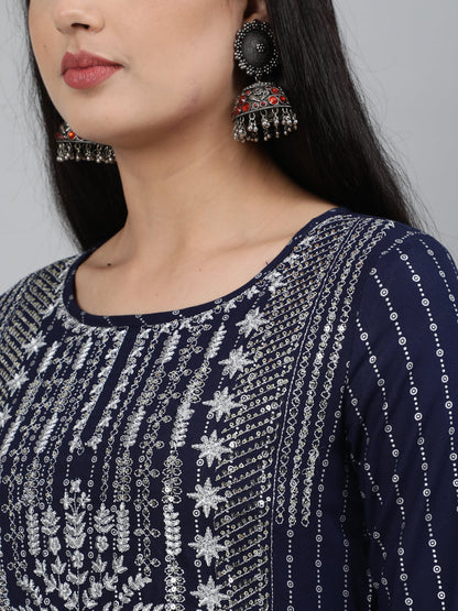 Rayon Sequence 3/4 Sleeve A-Line Round Neck Calf Length Kurta Set (Preorder)