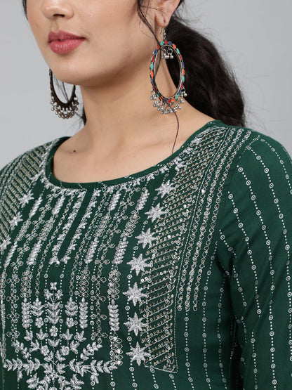 Rayon Sequence 3/4 Sleeve A-Line Round Neck Calf Length Kurta Set (Preorder)