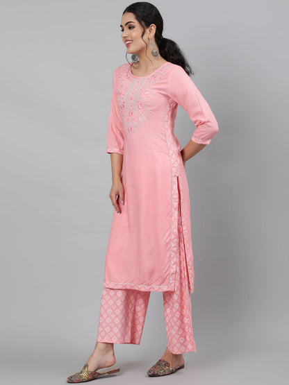 Rayon Slub Embroidered 3/4 Sleeve Straight Round Neck Calf Length Kurta Set (Preorder)