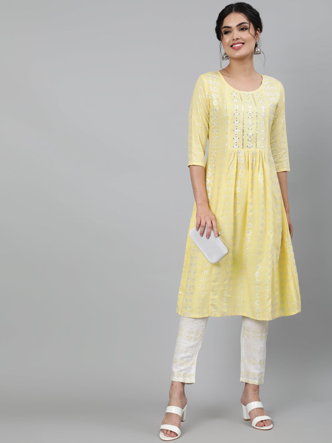Rayon Slub Sequence 3/4 Sleeve A-Line Round Neck Calf Length Kurta Set (Preorder)