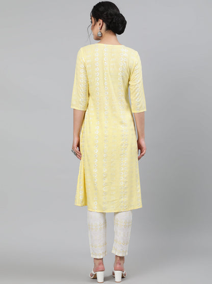 Rayon Slub Sequence 3/4 Sleeve A-Line Round Neck Calf Length Kurta Set (Preorder)