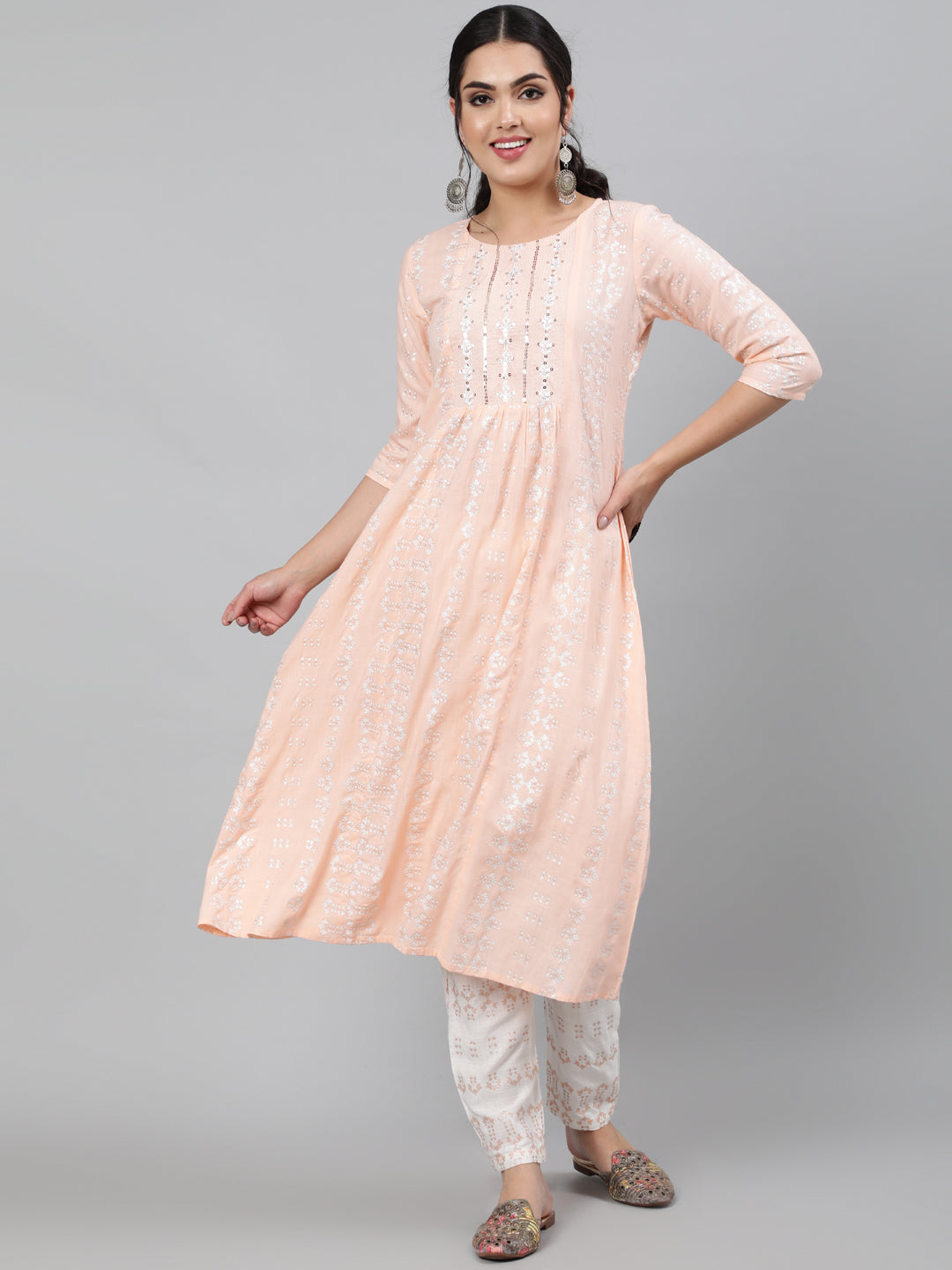 Rayon Slub Sequence 3/4 Sleeve A-Line Round Neck Calf Length Kurta Set (Preorder)