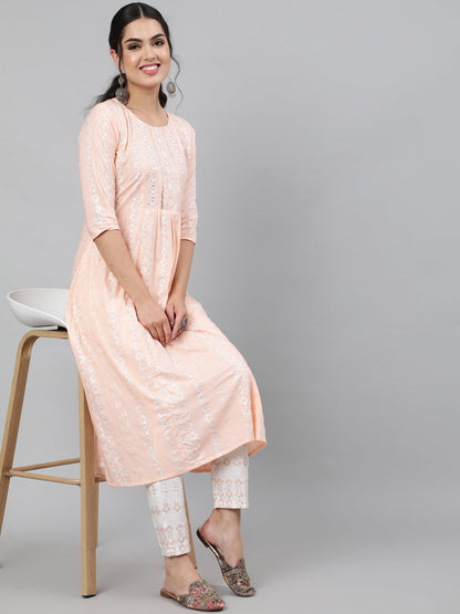 Rayon Slub Sequence 3/4 Sleeve A-Line Round Neck Calf Length Kurta Set (Preorder)