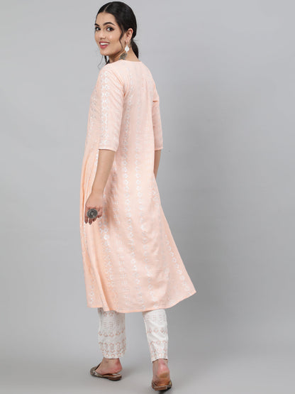 Rayon Slub Sequence 3/4 Sleeve A-Line Round Neck Calf Length Kurta Set (Preorder)