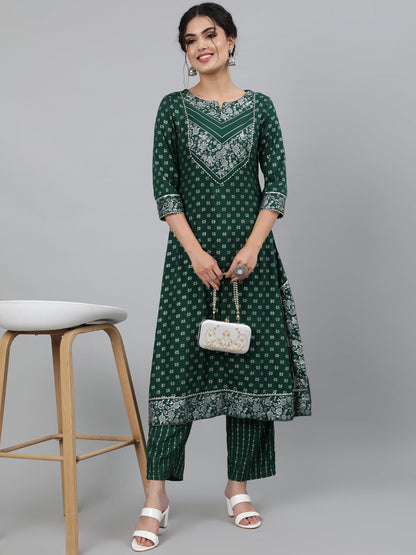 Rayon Printed 3/4 Sleeve A-Line Round Neck Calf Length Kurta Set (Preorder)