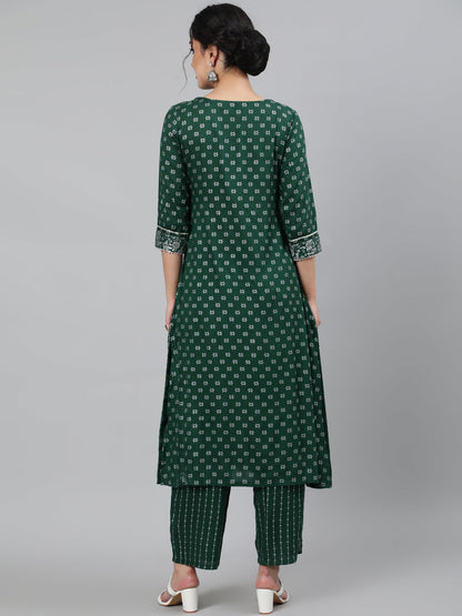 Rayon Printed 3/4 Sleeve A-Line Round Neck Calf Length Kurta Set (Preorder)