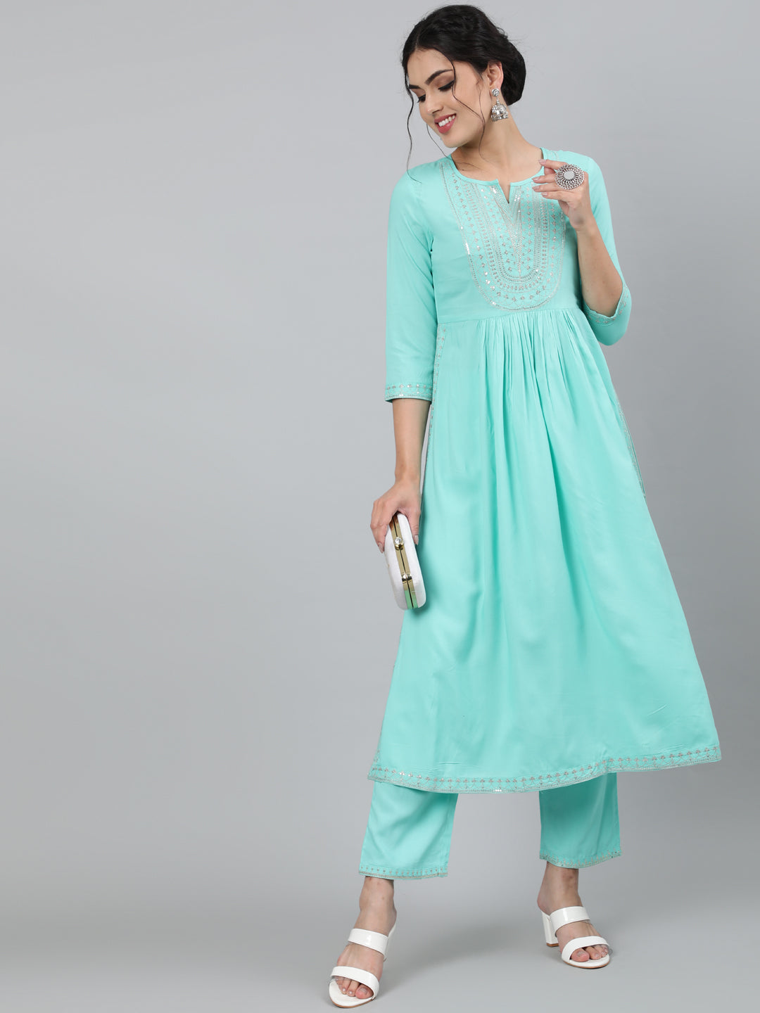 Rayon Sequence 3/4 Sleeve Flared Round Neck Calf Length Kurta Set (Preorder)