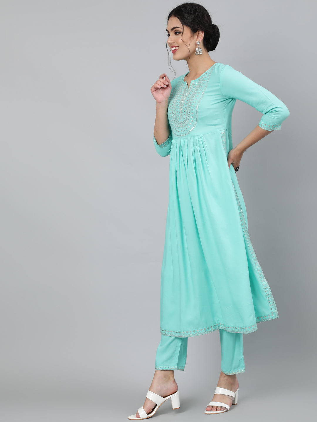 Rayon Sequence 3/4 Sleeve Flared Round Neck Calf Length Kurta Set (Preorder)